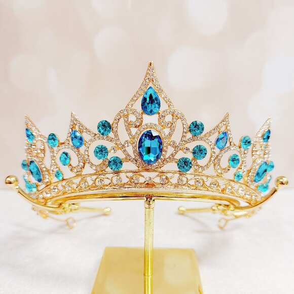 Gold crystal tiara, blue crystal crown, birthday princess tiara, vintage crown main image 6
